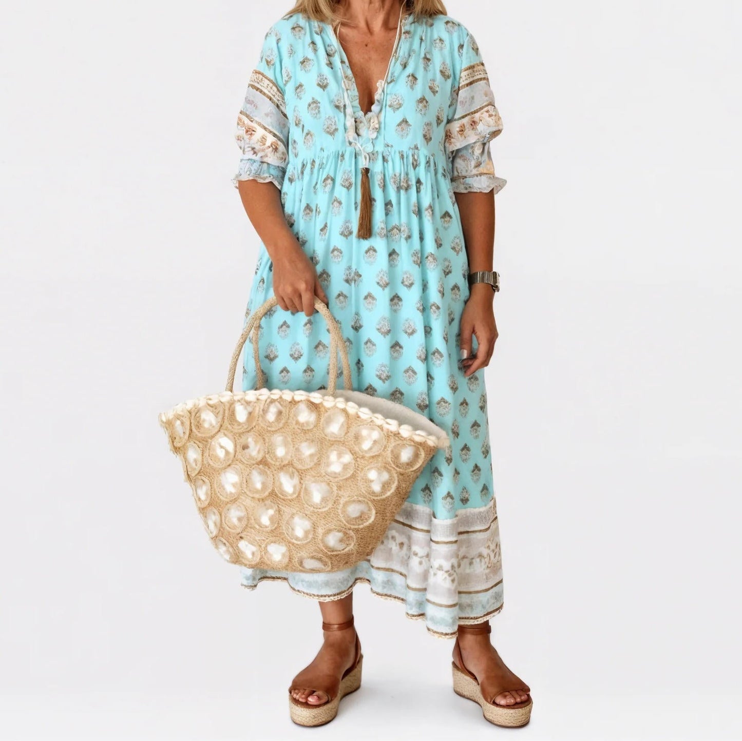 Womens Midi Summer Floral Dress V Neck