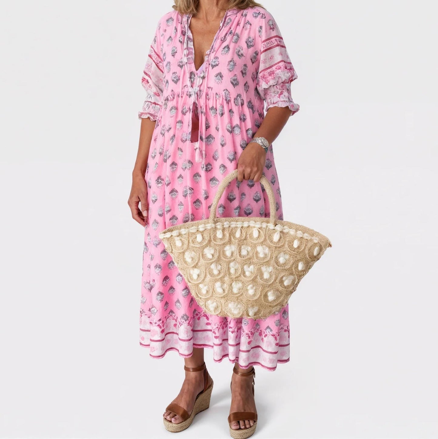 Womens Midi Summer Floral Dress V Neck