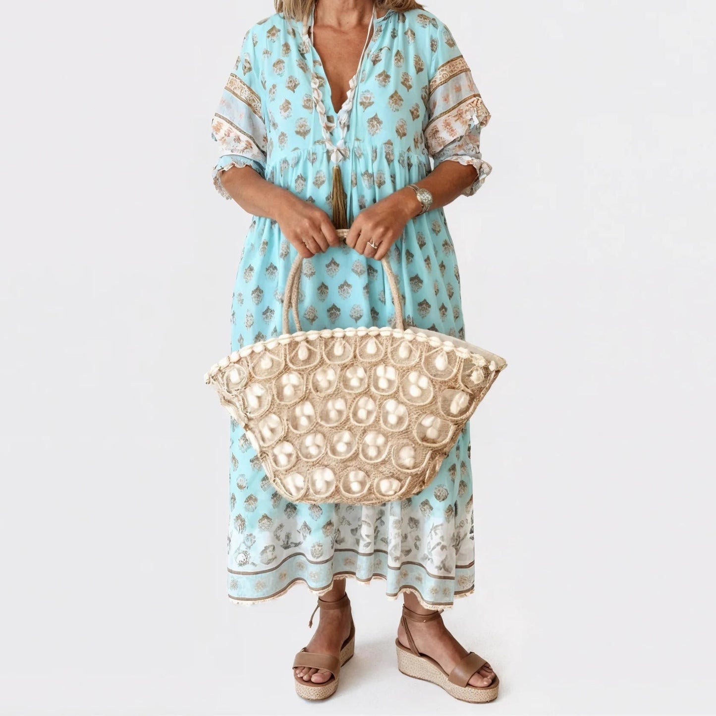 Womens Midi Summer Floral Dress V Neck