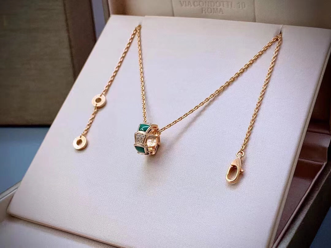 Serpenti Necklace, 925 Silver, 18K Rose Gold Plated, Green Agate