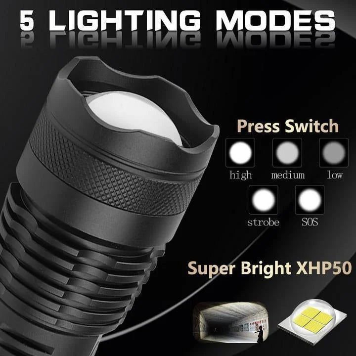 90000 Lumens XHP50.2 Tactical LED Flashlight – Ultra Bright & Rechargeable