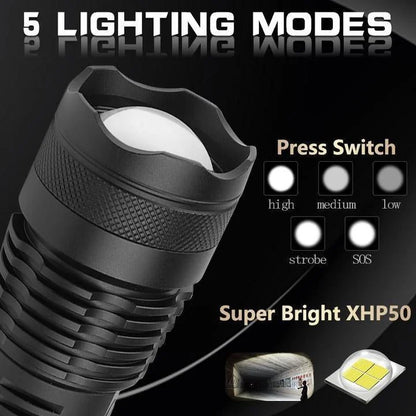 90000 Lumens XHP50.2 Tactical LED Flashlight – Ultra Bright & Rechargeable