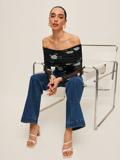 Floral Off-Shoulder Mesh Sleeve Top