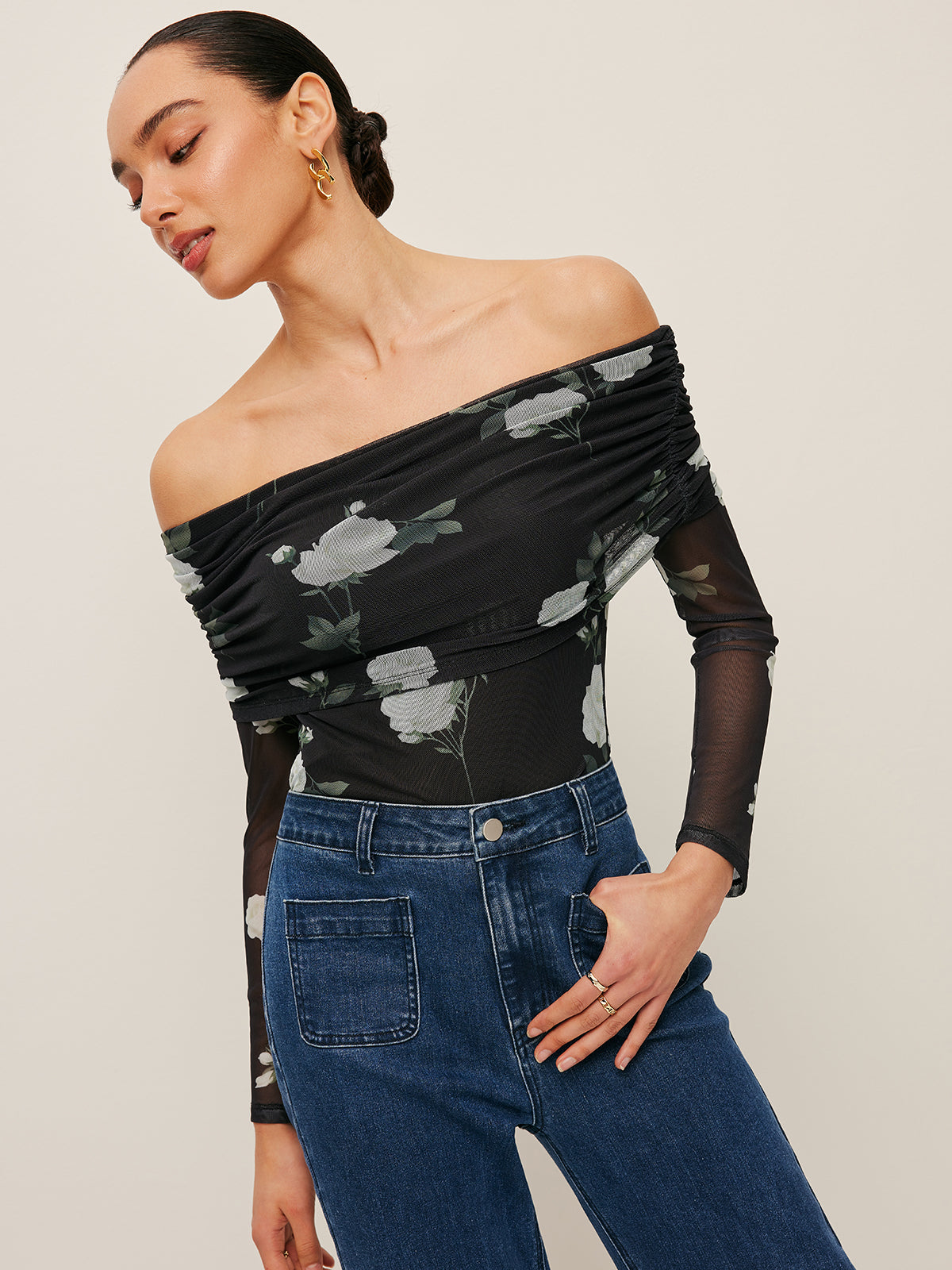 Floral Off-Shoulder Mesh Sleeve Top