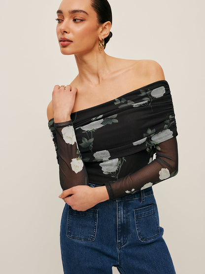 Floral Off-Shoulder Mesh Sleeve Top