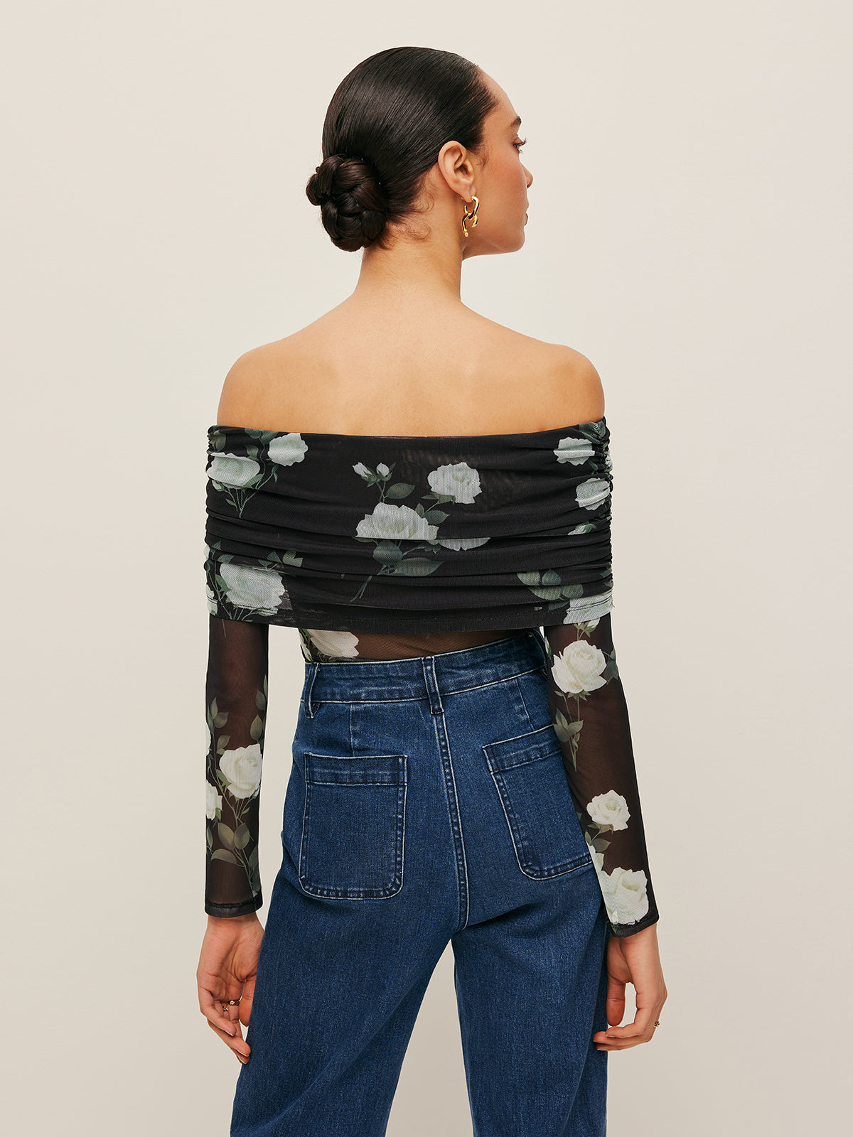 Floral Off-Shoulder Mesh Sleeve Top