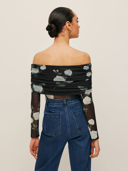 Floral Off-Shoulder Mesh Sleeve Top