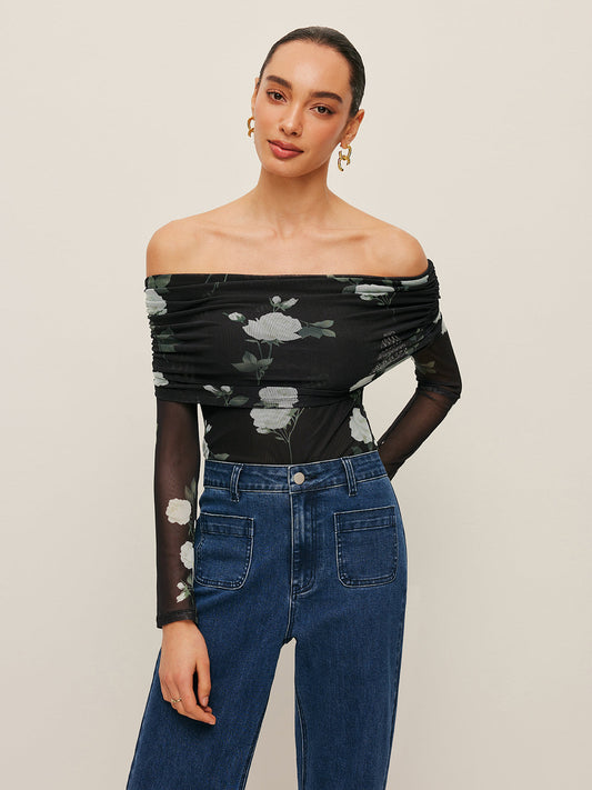 Floral Off-Shoulder Mesh Sleeve Top