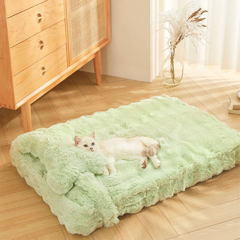 Cuddly, fluffy plush dog bed with pillow