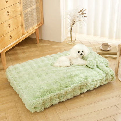Cuddly, fluffy plush dog bed with pillow