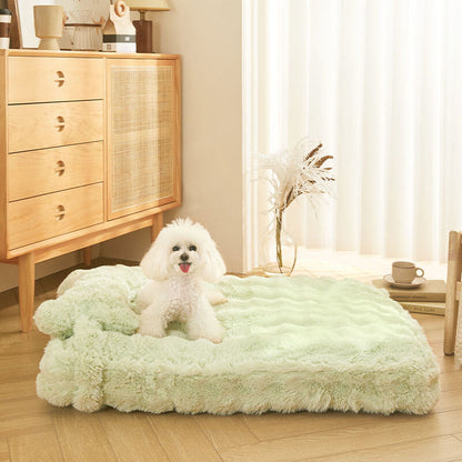 Cuddly, fluffy plush dog bed with pillow