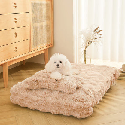 Cuddly, fluffy plush dog bed with pillow