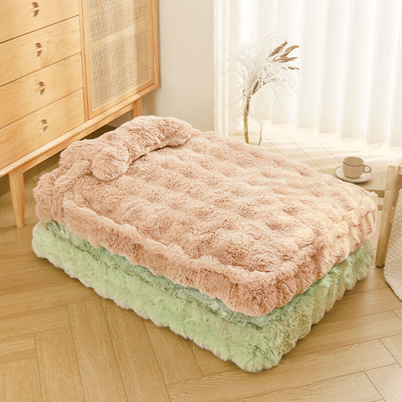 Cuddly, fluffy plush dog bed with pillow