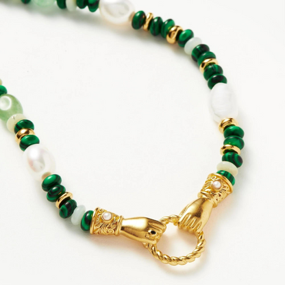 Shake Hands Beaded Gemstone Necklace, 925 Silver, 18K Gold Plated