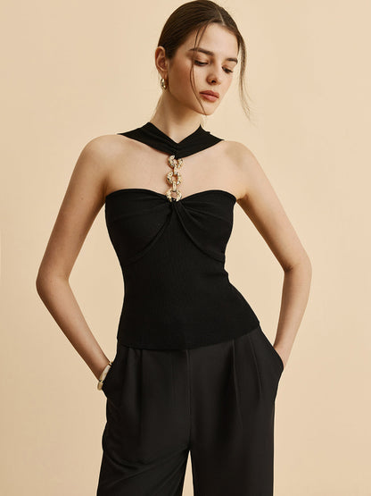 Halter Neck Chain Detail Knit Top