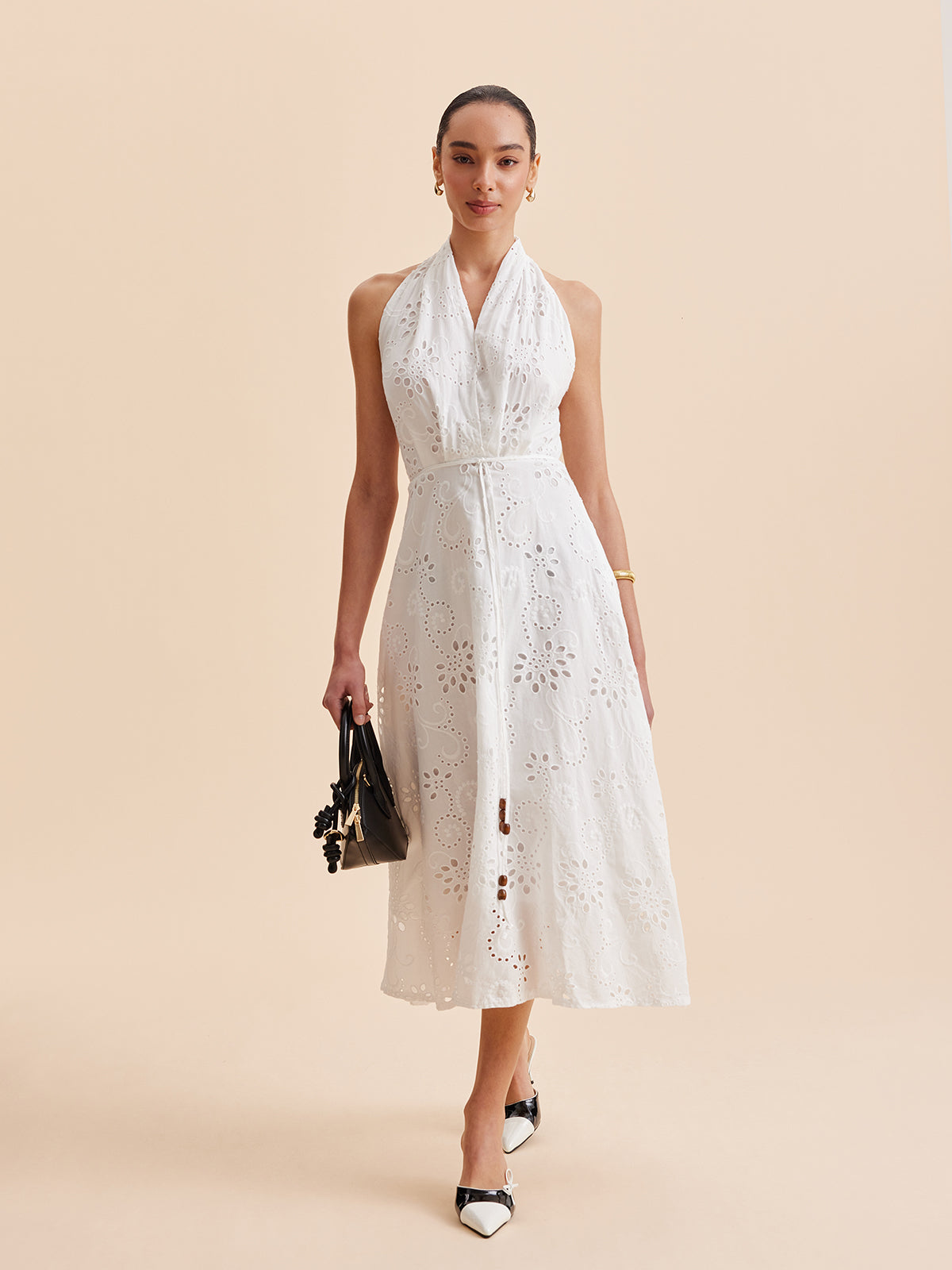 Halter Neck Eyelet Belted Midi Dress