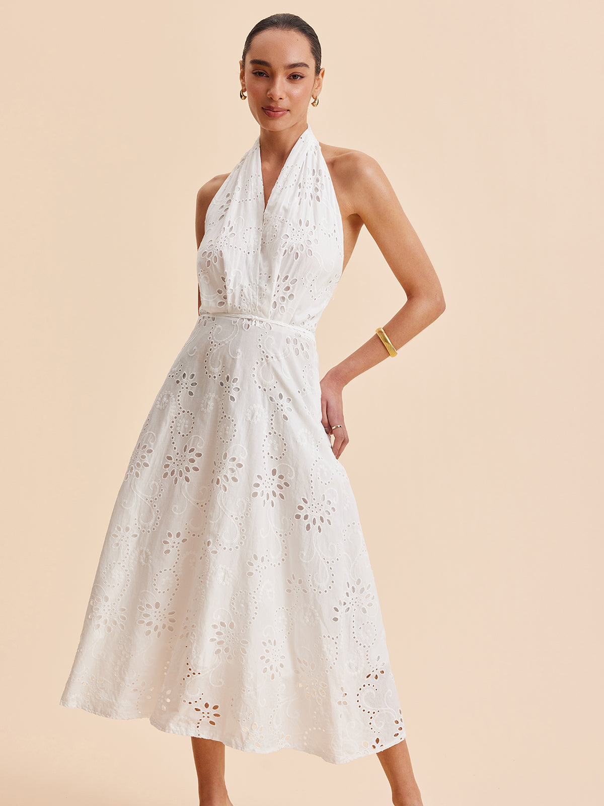 Halter Neck Eyelet Belted Midi Dress