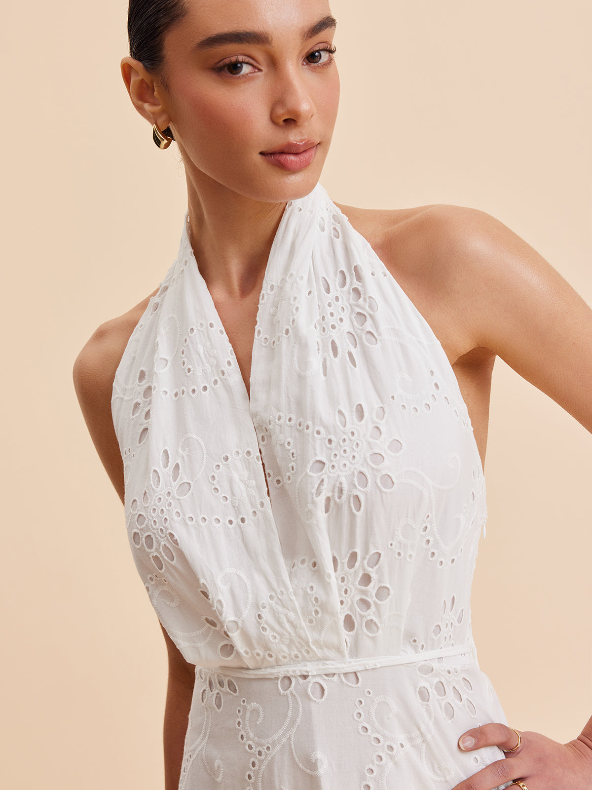 Halter Neck Eyelet Belted Midi Dress