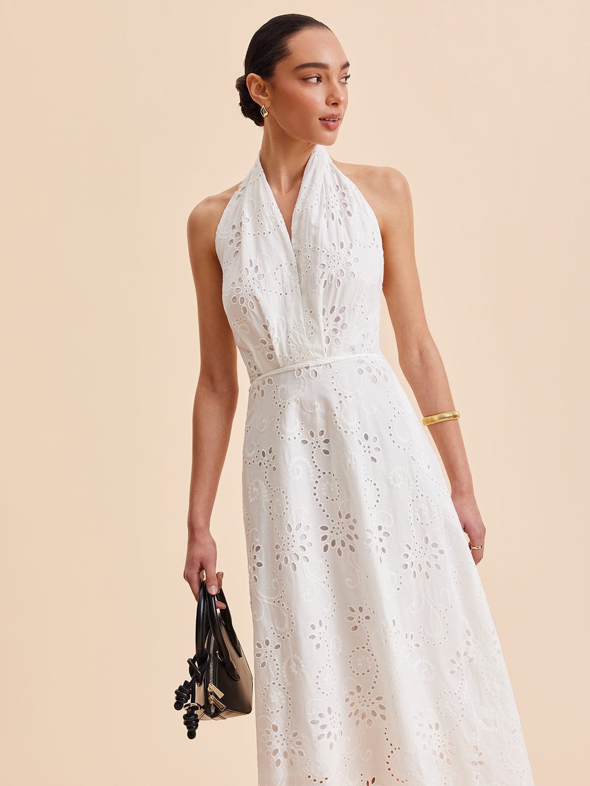 Halter Neck Eyelet Belted Midi Dress