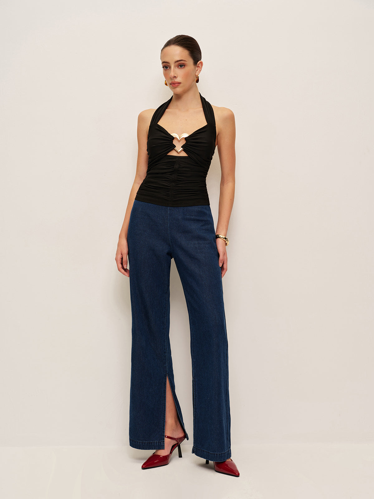 Heart Detail Ruched Halter Top