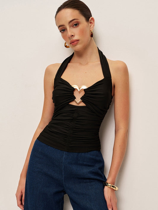 Heart Detail Ruched Halter Top