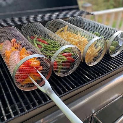 Rolling Barbecue Grill Basket – Locking Latch & Rotating Design for Grilled Veggies & Meat