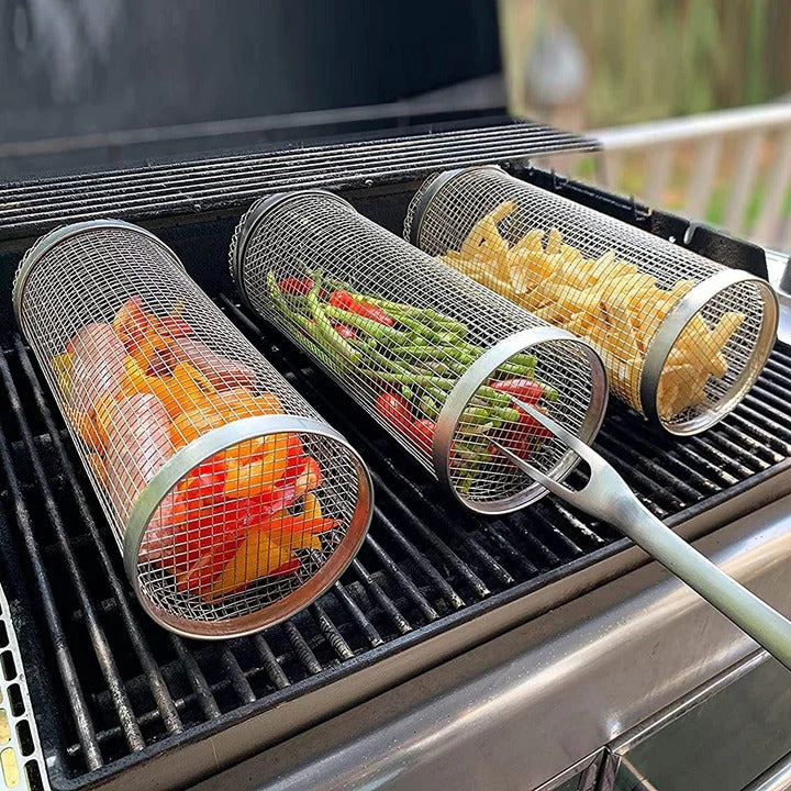 Rolling Barbecue Grill Basket – Locking Latch & Rotating Design for Grilled Veggies & Meat
