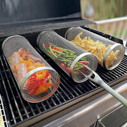 Rolling Barbecue Grill Basket – Locking Latch & Rotating Design for Grilled Veggies & Meat