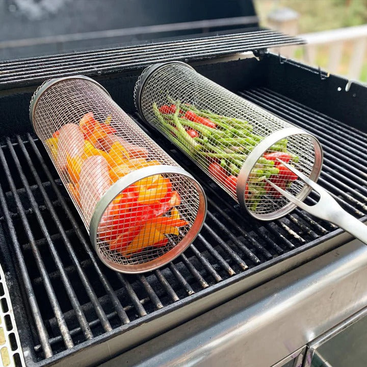 Rolling Barbecue Grill Basket – Locking Latch & Rotating Design for Grilled Veggies & Meat