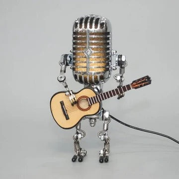 Vintage Robot Lamp with Guitar – Metal Microphone Musician Desk Light