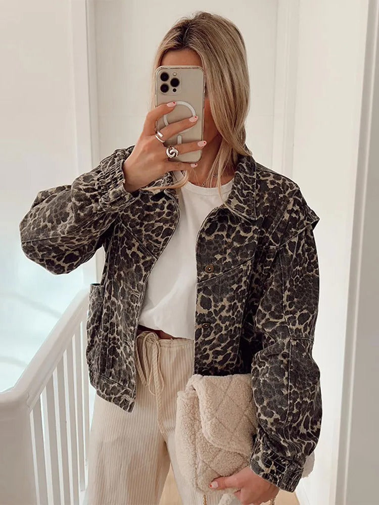 Casual Short Jacket With Leopard Print