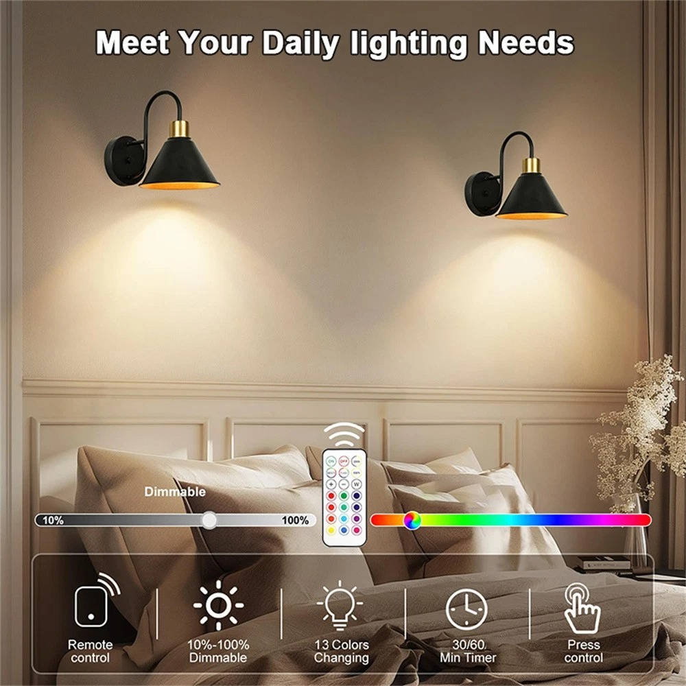 2-Delige Batterijgevoede Wandlampen met Afstandsbediening Dimbaar Draadloze LED Wandlamp