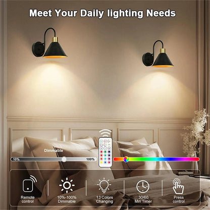 2-Delige Batterijgevoede Wandlampen met Afstandsbediening Dimbaar Draadloze LED Wandlamp