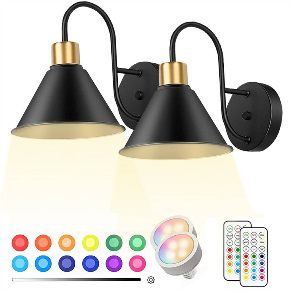 2-Delige Batterijgevoede Wandlampen met Afstandsbediening Dimbaar Draadloze LED Wandlamp