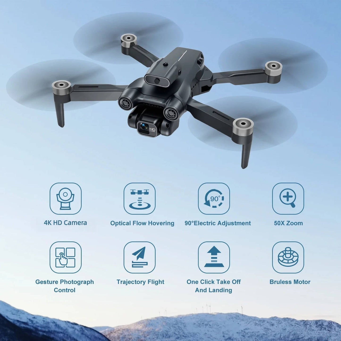 4K FPV Drone with Dual Camera, Brushless Motor, 2 Batteries, Optical Flow RC Quadcopter