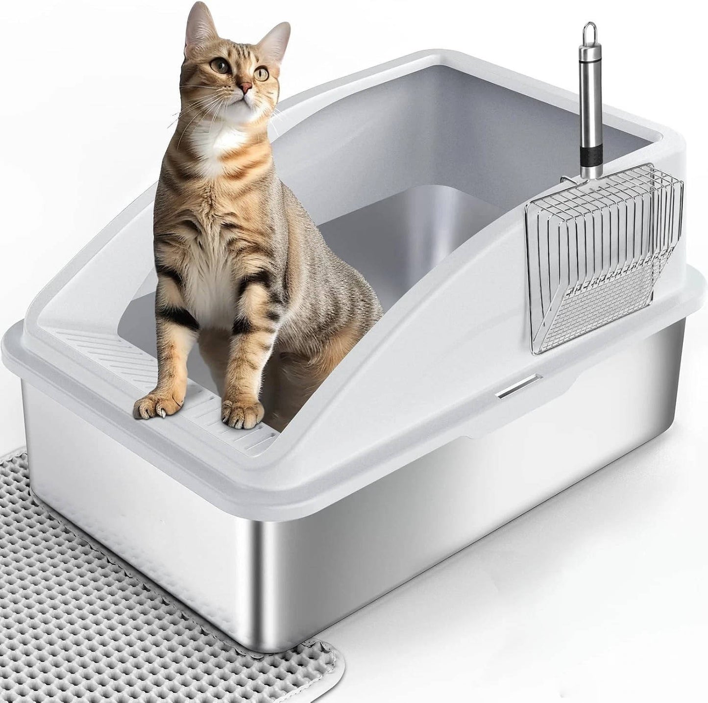 Stainless Steel Cat Litter Box, L Enclosed With Lid, Metal Scoop, Mat Included