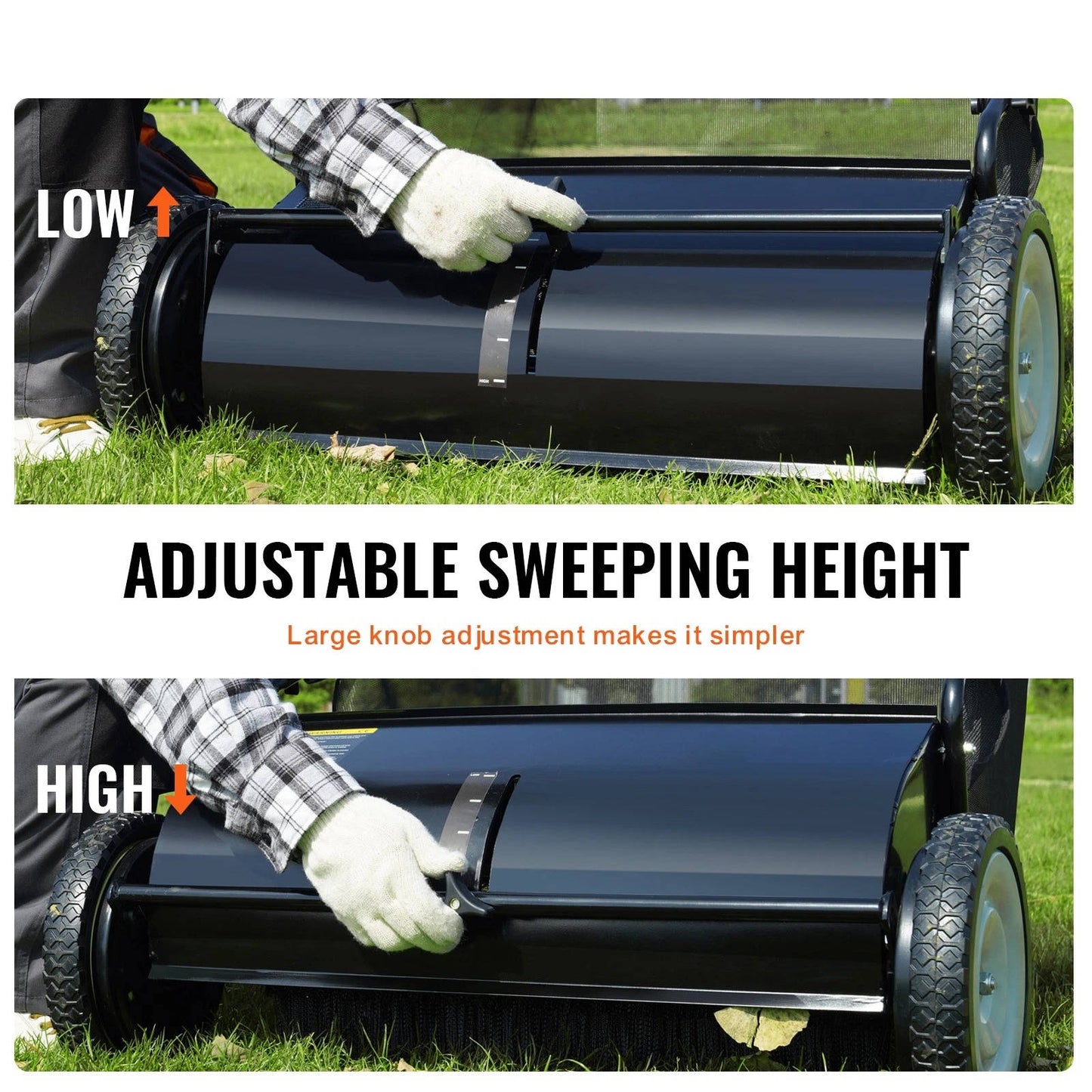 Push Lawn Sweeper 26 Inch 7 Cu Ft Leaf Collector with Adjustable Height Manual Grass Sweeper for Yard Garden