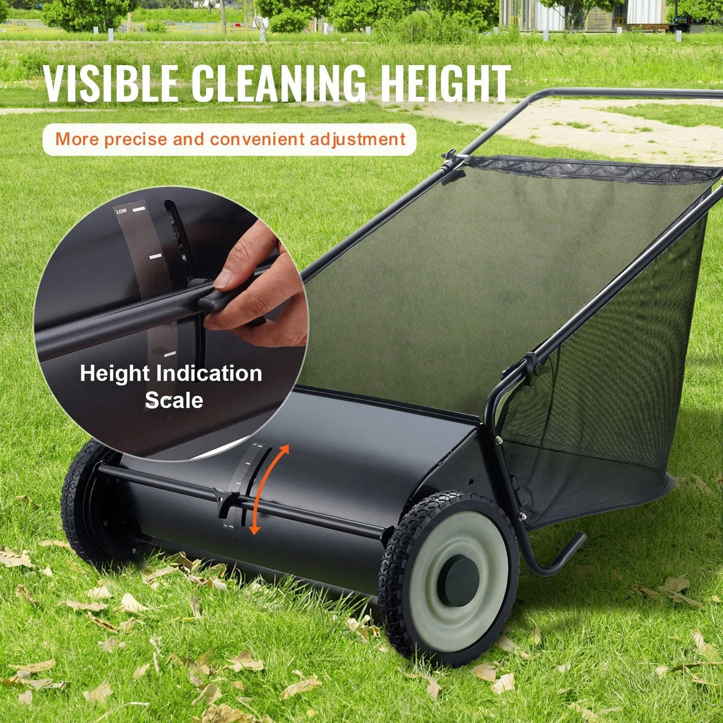 Push Lawn Sweeper 26 Inch 7 Cu Ft Leaf Collector with Adjustable Height Manual Grass Sweeper for Yard Garden