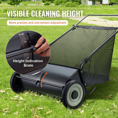 Push Lawn Sweeper 26 Inch 7 Cu Ft Leaf Collector with Adjustable Height Manual Grass Sweeper for Yard Garden