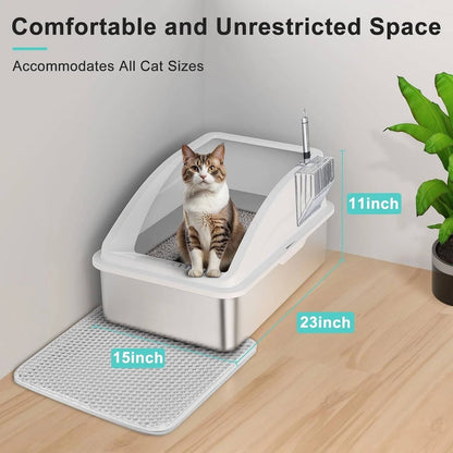 Stainless Steel Cat Litter Box, L Enclosed With Lid, Metal Scoop, Mat Included