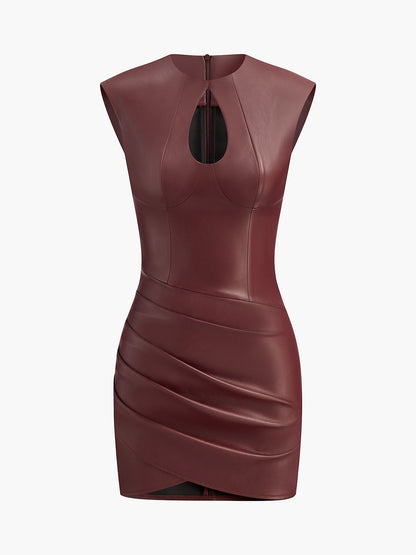 Keyhole Neckline Pleated PU Leather Slim Dress