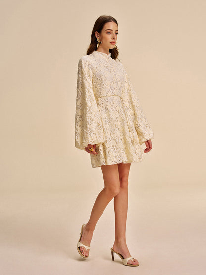Lace Bell-Sleeve Dress With Belt