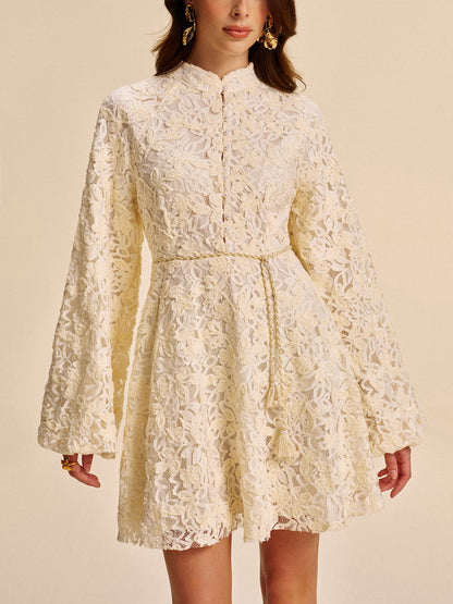 Lace Bell-Sleeve Dress With Belt