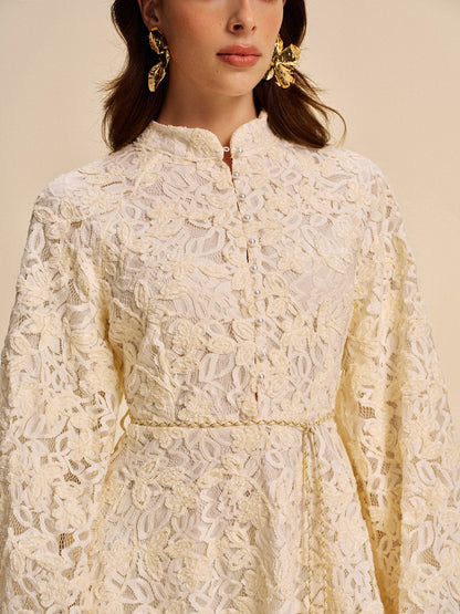 Lace Bell-Sleeve Dress With Belt
