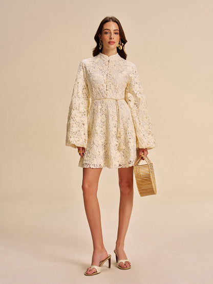 Lace Bell-Sleeve Dress With Belt