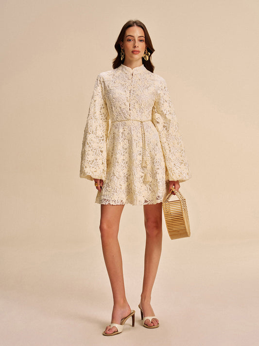 Lace Bell-Sleeve Dress With Belt