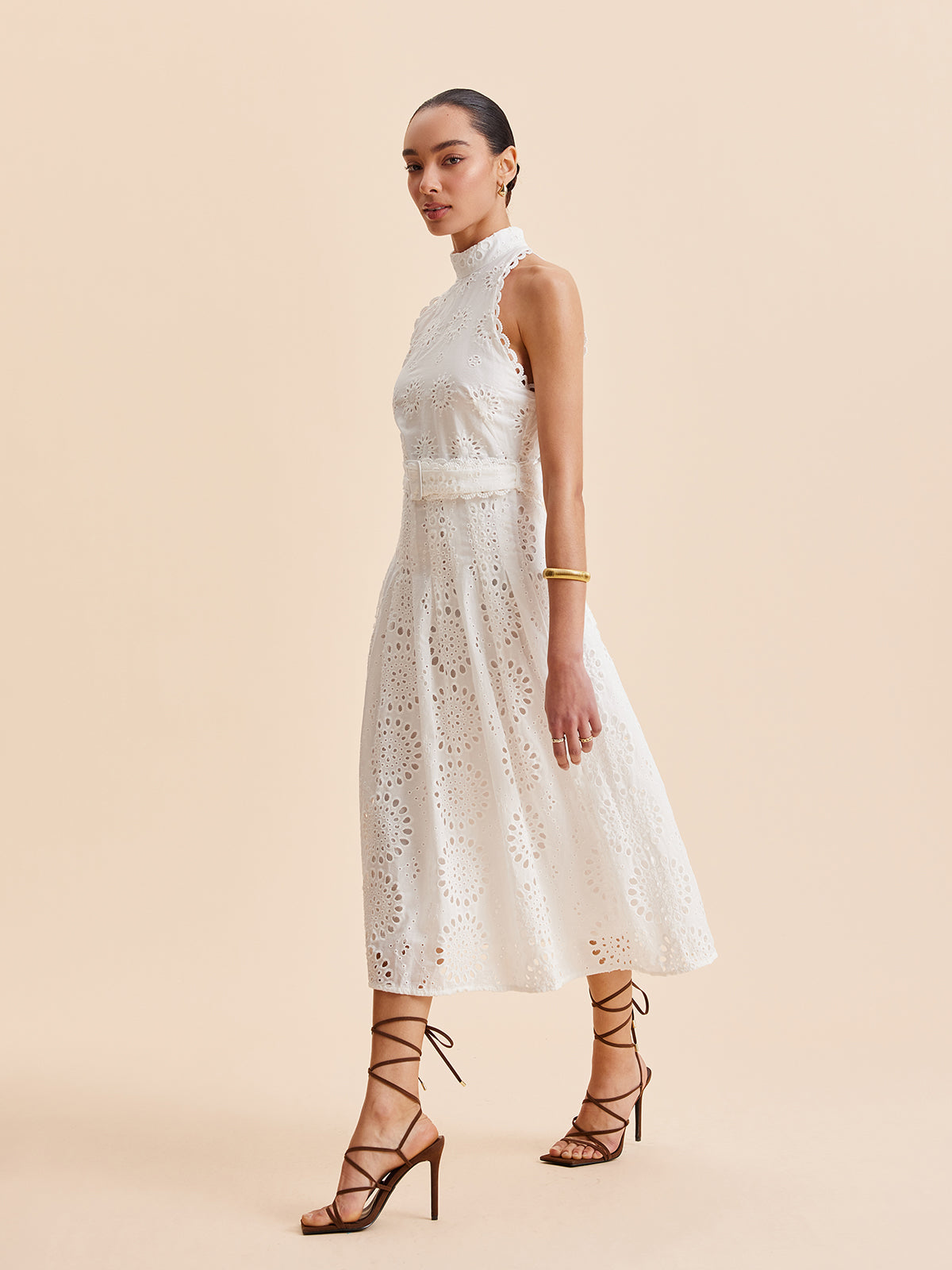 Lace Eyelet Belted A-Line Dress