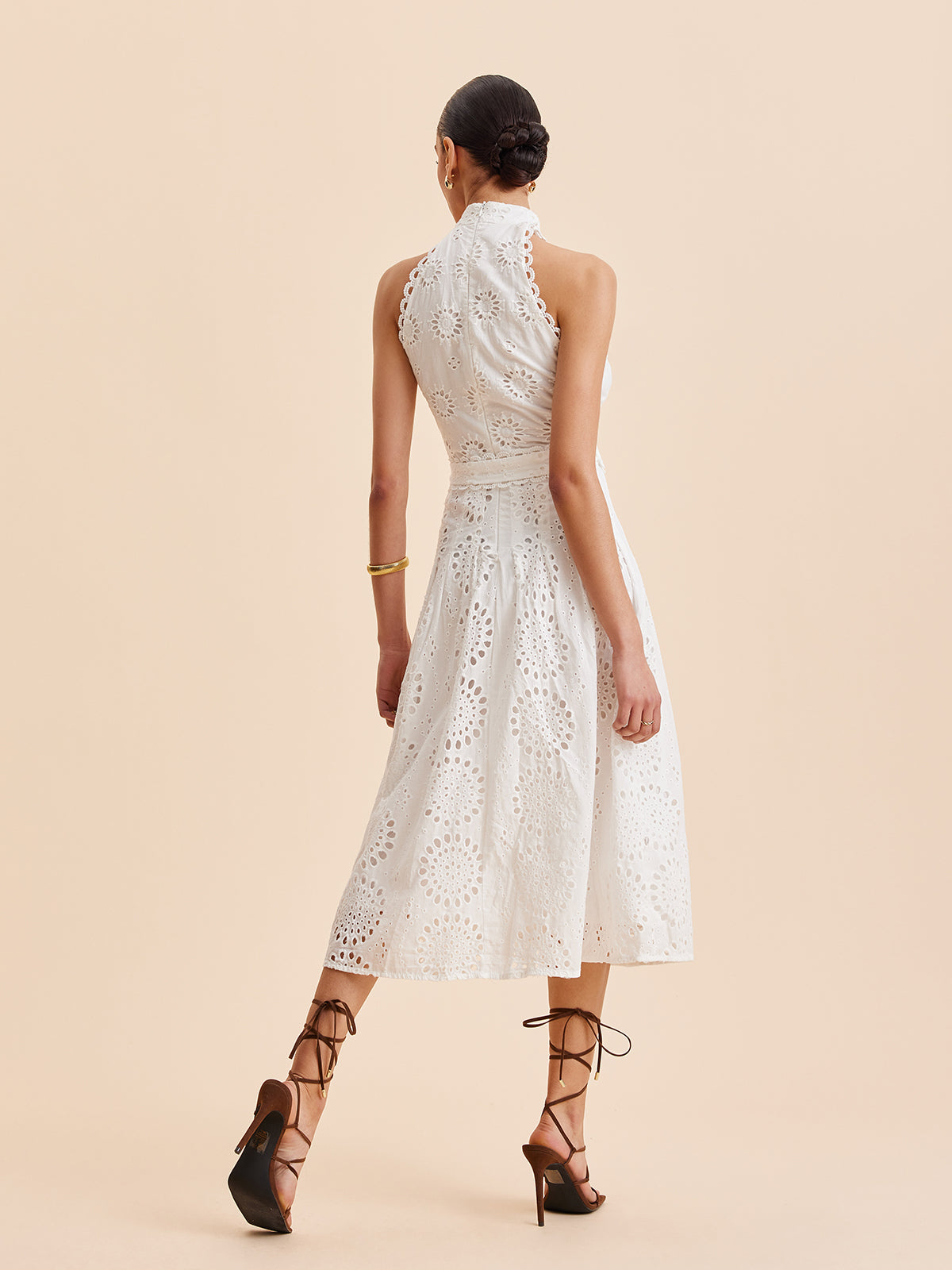 Lace Eyelet Belted A-Line Dress