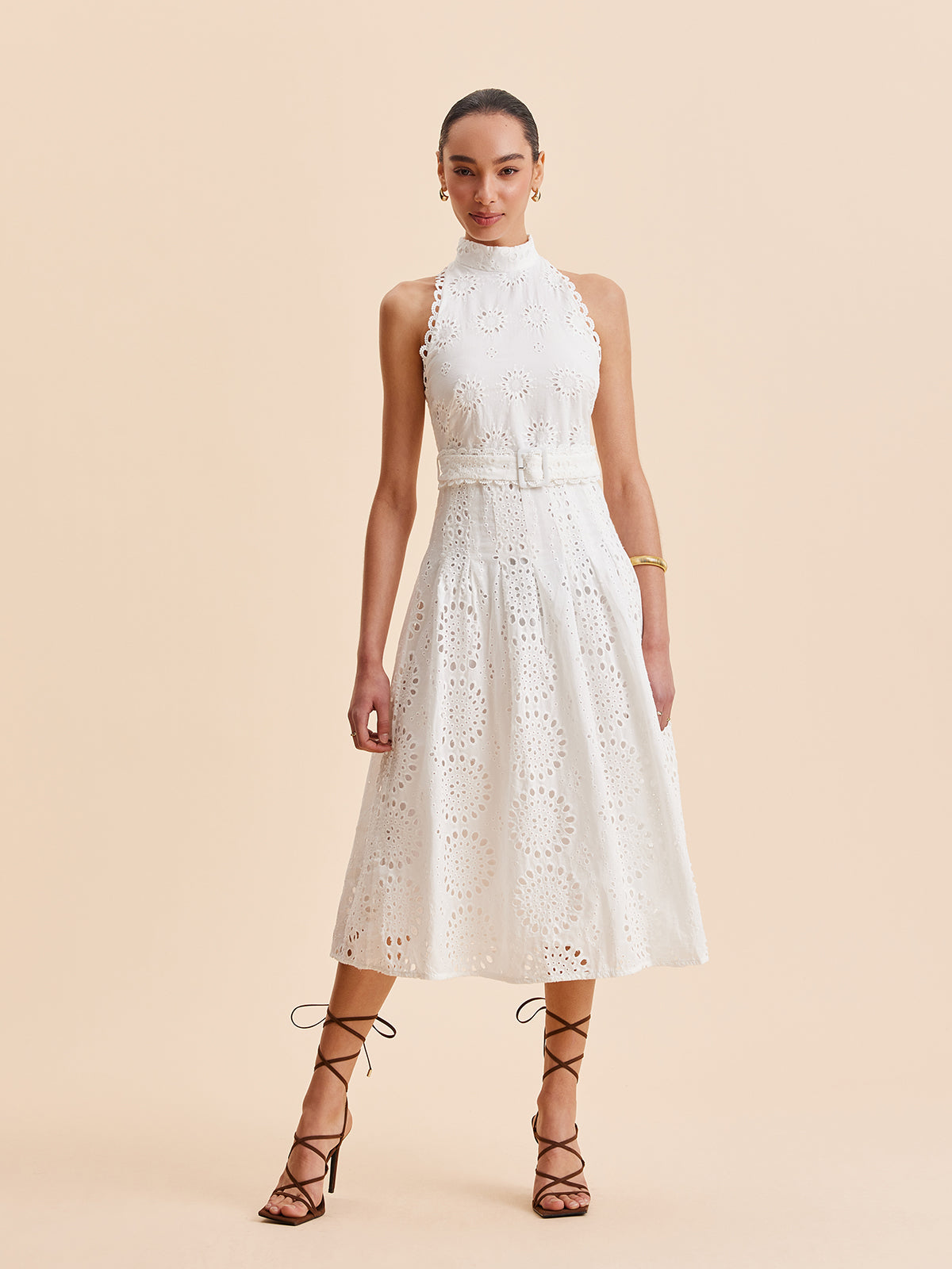 Lace Eyelet Belted A-Line Dress