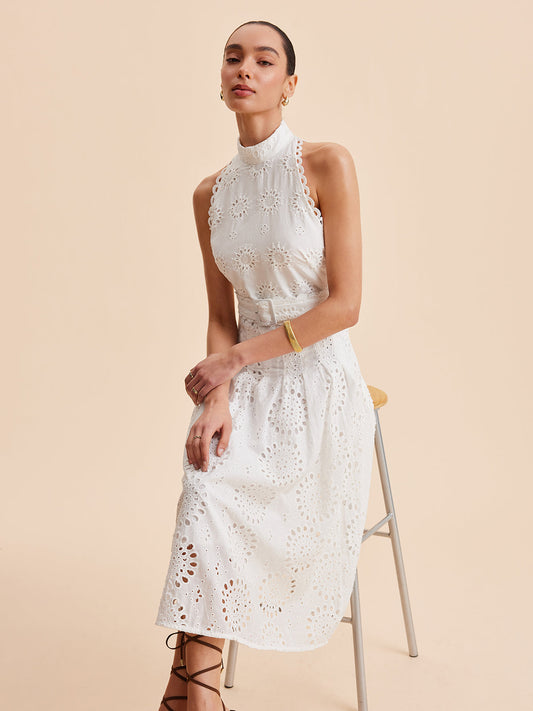 Lace Eyelet Belted A-Line Dress